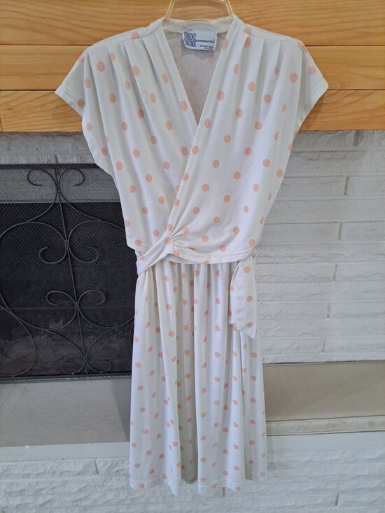 Accentuette Dresses & Skirts - Vintage Polka Dot Wrap Dress Size 12  Accentuette USA Cotton Peach Cream Cottage